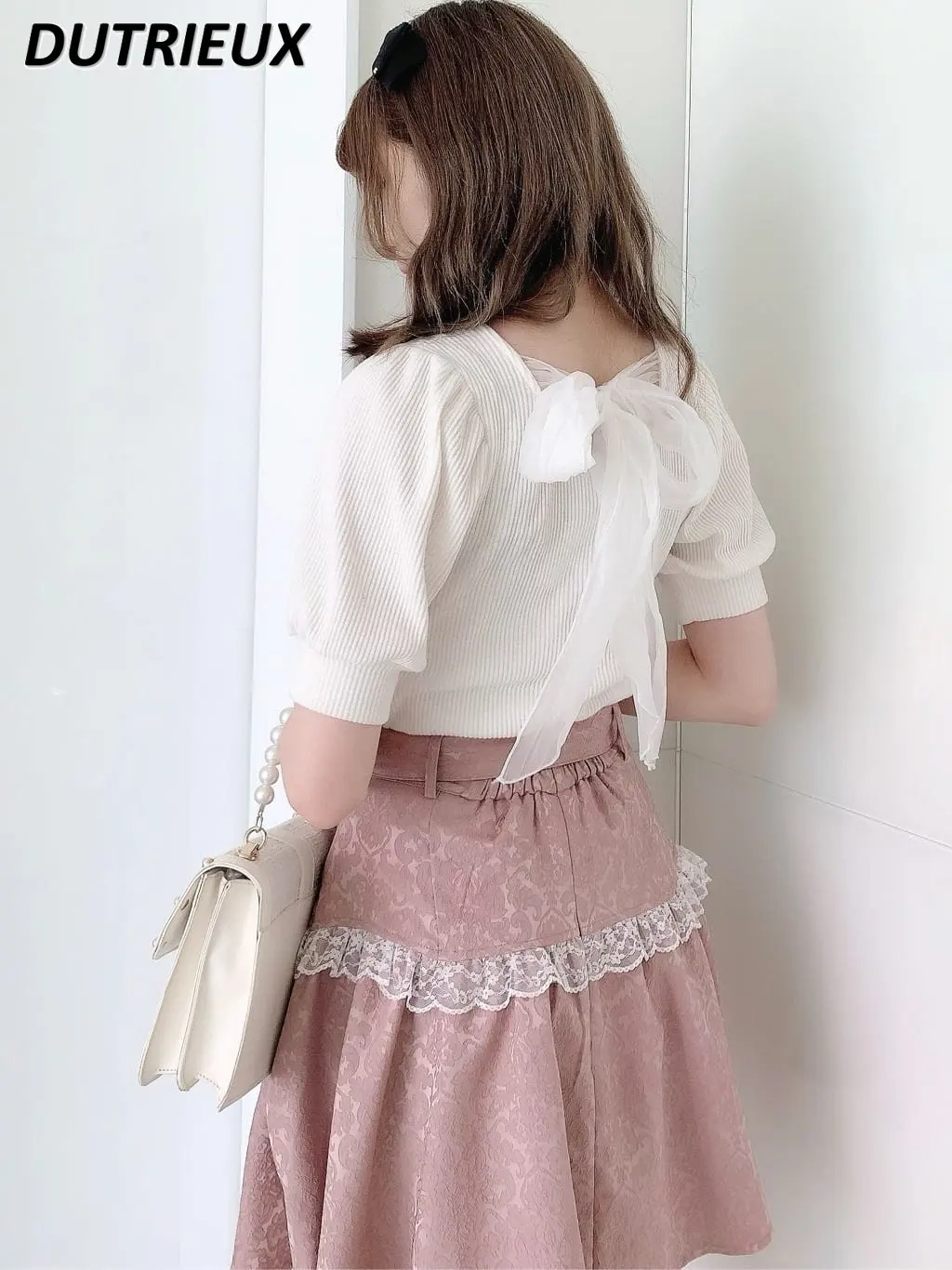 

Japanese Style Lolita T-Shirt Girls Sweet Back Big Bow Ribbon Round Neck Puff Short Sleeve Slim Fit T Shirt Women Kawaii Clothes