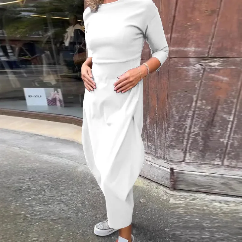 Fashion Solid Color Long Dress For Women 2025 New Spring Elegant O Neck Slim Dresses Autumn Sleeve Robe Femme
