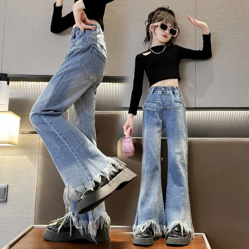 

Girls Spring and Autumn Jeans Flared Pants With Raw Edges 2023 Korean Style Teenagers Girl Clothing Children's Outdoor Clothing