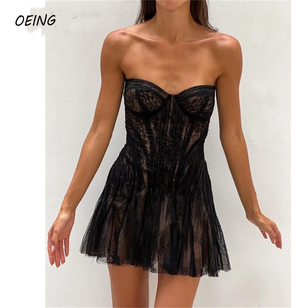 

OEING Sexy Black Lace Mini Party Dresses Short Sweetheart Mini Arabic Women Cocktail Dress Night Club Formal Gowns