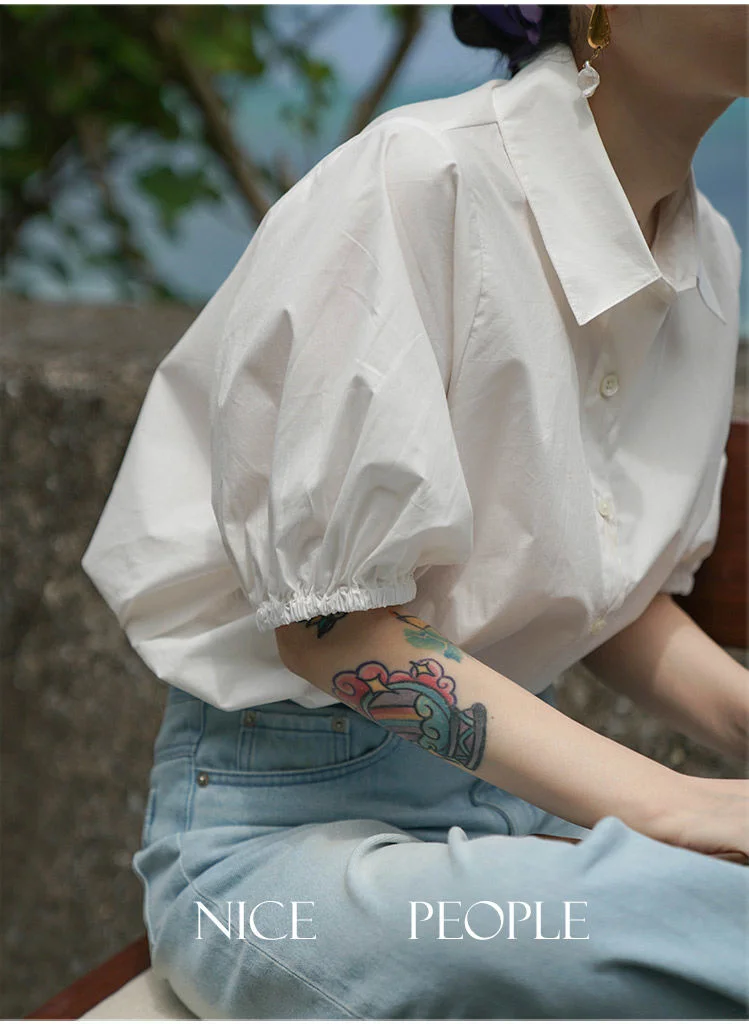 

Puff Sleeve Lapel Button Up Shirts White Blue Summer Women Blouse Tops