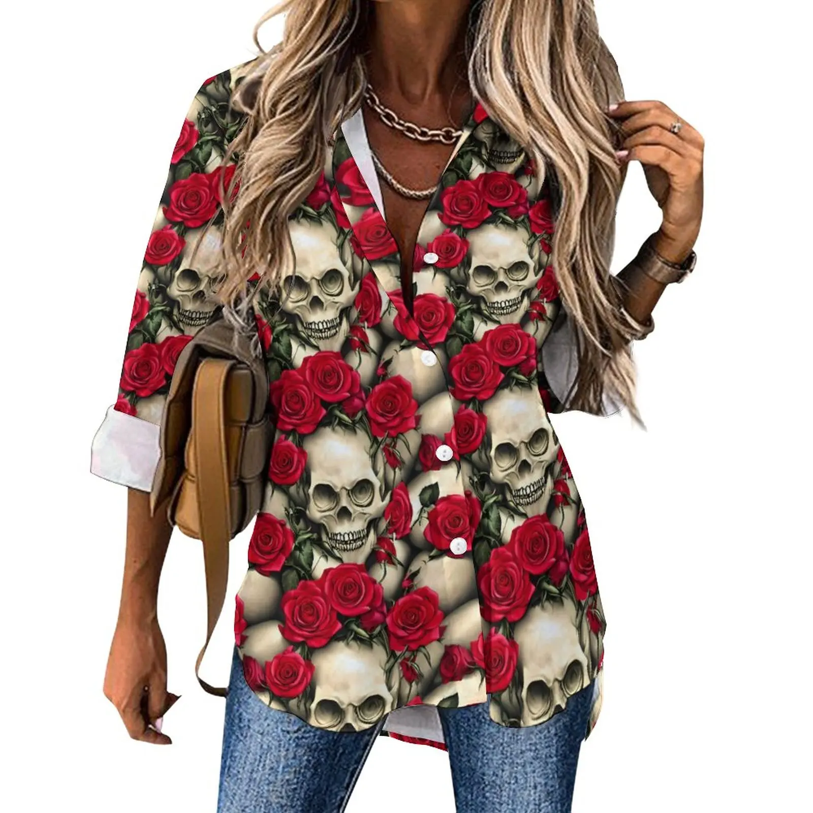 

Gothic Skulls Blouse Female Red Roses Print Streetwear Loose Blouses Autumn Long-Sleeve Vintage Shirt Design Top Big Size 3XL