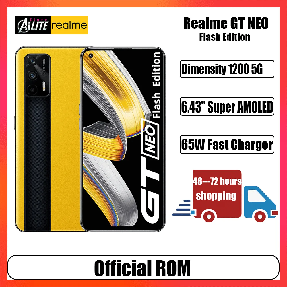 global rom realme gt neo flash edition 5g cell phones dimensity 1200 6 43 fhd 120hz super amoled 65w fast charger 64mp camera free global shipping