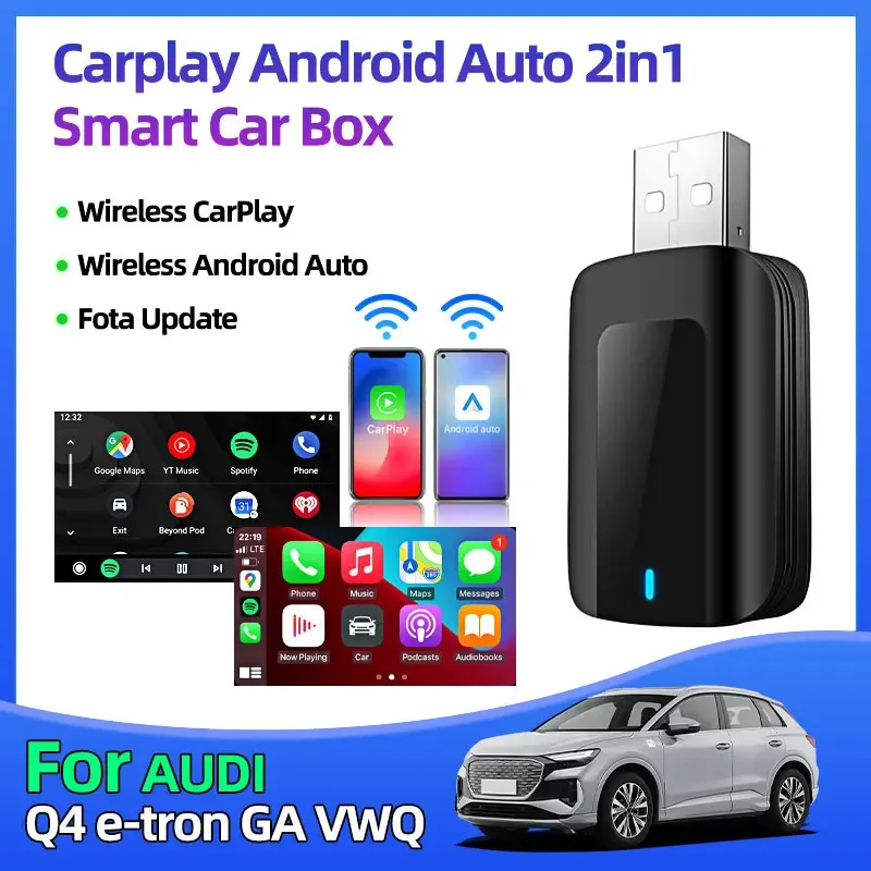 Фото Для Audi Q4 e-tron GA VWQ Модный беспроводной адаптер Carplay 2 в 1, Android Auto Smart AI Box Fota Обновление для Apple IOS Android №1