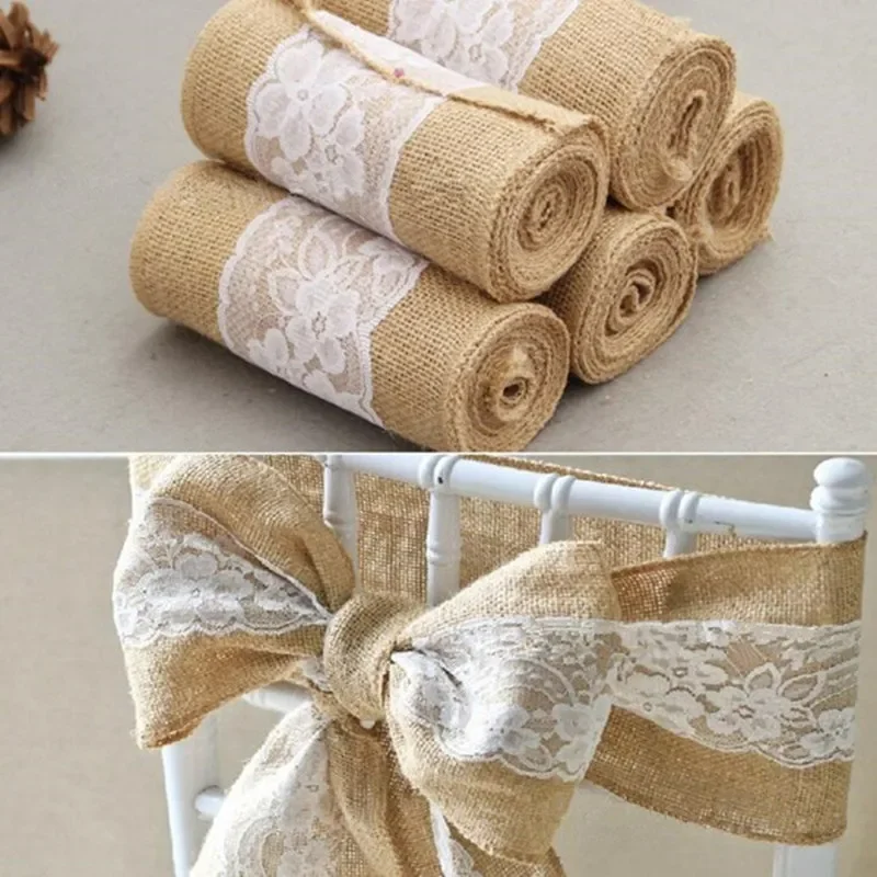 

15cm Burlap Hessian Ribbon with Lace Sashes for Wedding Craft Party Decoration , AA7896