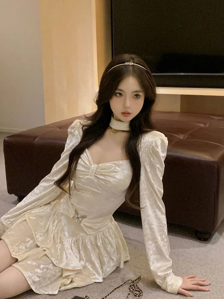 Женское приталенное платье-трапеция элегантное бежевое платье во французском