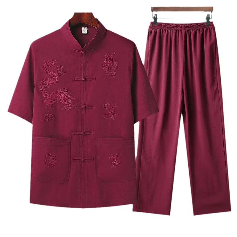 Middle-aged Summer Thin Cotton And Linen Short-sleeved Tang Coat Buckle Embroidery Vintage Dad Coat Loose Comfortable Casual Men