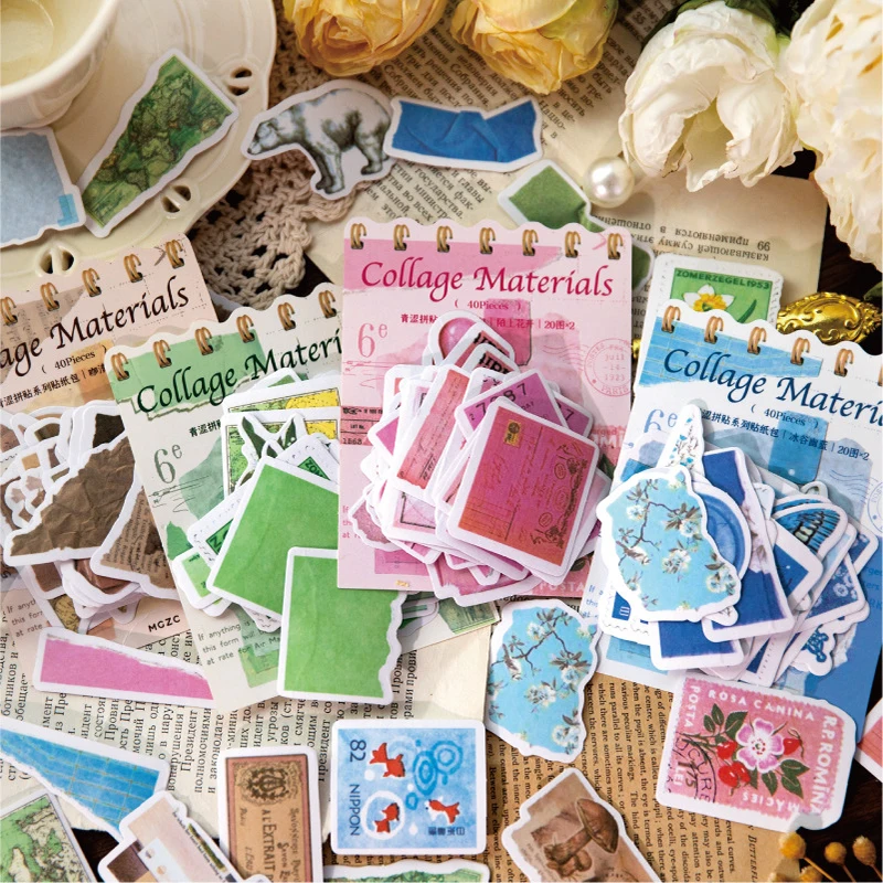 

40Pcs Stickers Stamps literary Flowers Decorative Account Material Backing Collage Square Scrapbooking stationery 92*110MM