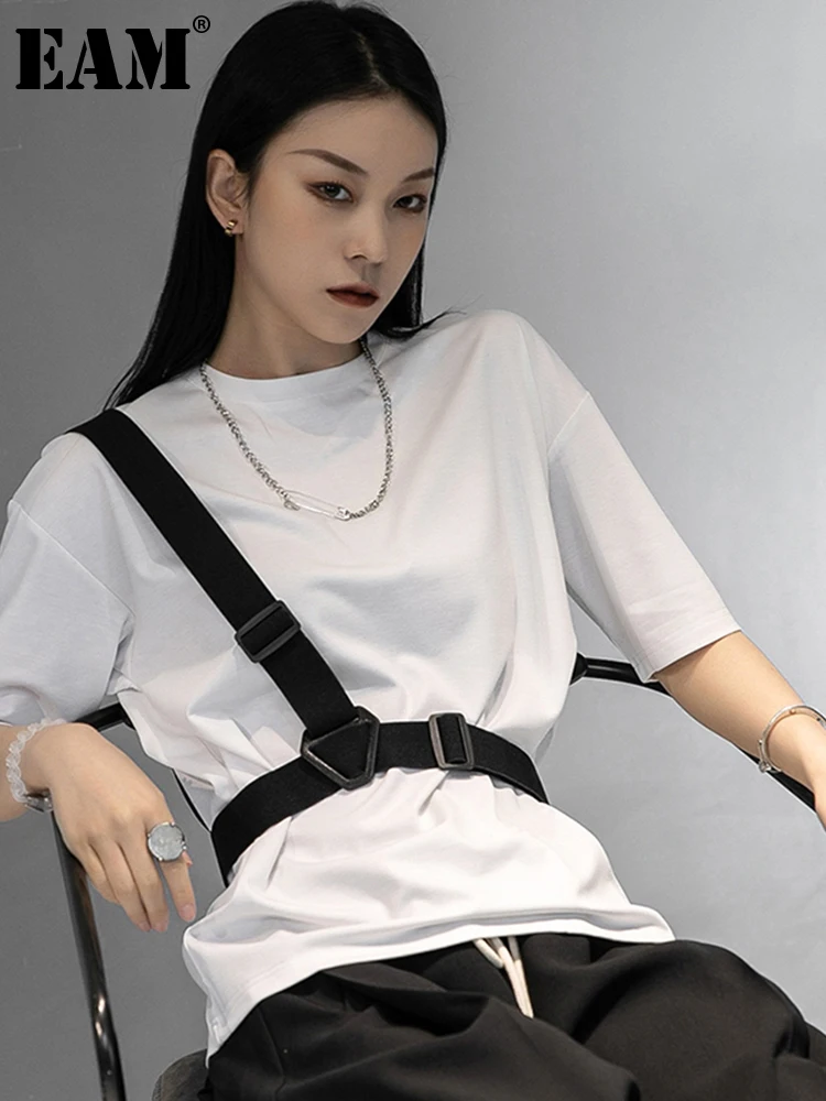 

[EAM] Women White Big Size Suspenders Loose Casual T-shirt New Round Neck Half Sleeve Fashion Tide Spring Summer 2022 1DD7721