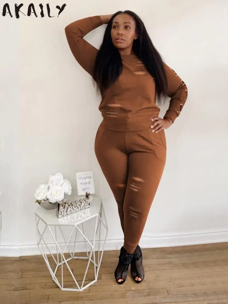 

Akaily Brown Ripped 2 Two Piece Sets Tracksuit Womens Matching Sets Fall Outfits 2022 Long Sleeve Tops And Sweat Pants Sets