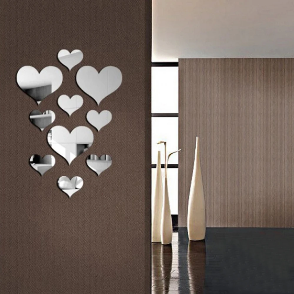 

10Pcs/Set Durable Love Heart Stickers Wall Sticker Mirror Mural 3D Decal Simple DIY Decorative Removable Paster Home Decoration