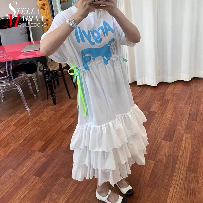 

New Summer Short-Sleeve Straight Woman Long Dress Korean Style Black White Letters Printed Cascading Ruffles Dress Robe JA3008