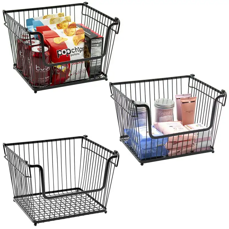 

& White 3 Pack Large Black & White Metal Storage Bin Basket with Handles Open Front for Kitchen Cabinets, Pantry, Closets, Bedro