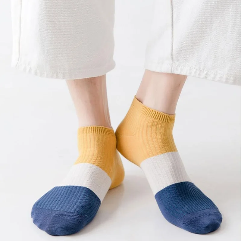 5 Pairs Men Socks Combed Cotton Casual Short Breathable Ankle Socks Absorb Sweat Sports Travel Street Striped Summer Thin Socks