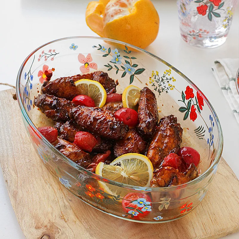 

Термостойкая стеклянная тарелка для выпечки, домашняя обеденная тарелка, прозрачная Цветочная тарелка для салата, овощей, духовки, десертн...