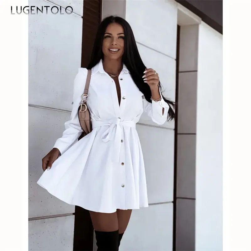 

Lugentolo Women Lapel Chiffon Dress Button Solid Long Sleeve Office Lady Sumnmer Thin High Waist Casual Short Dress
