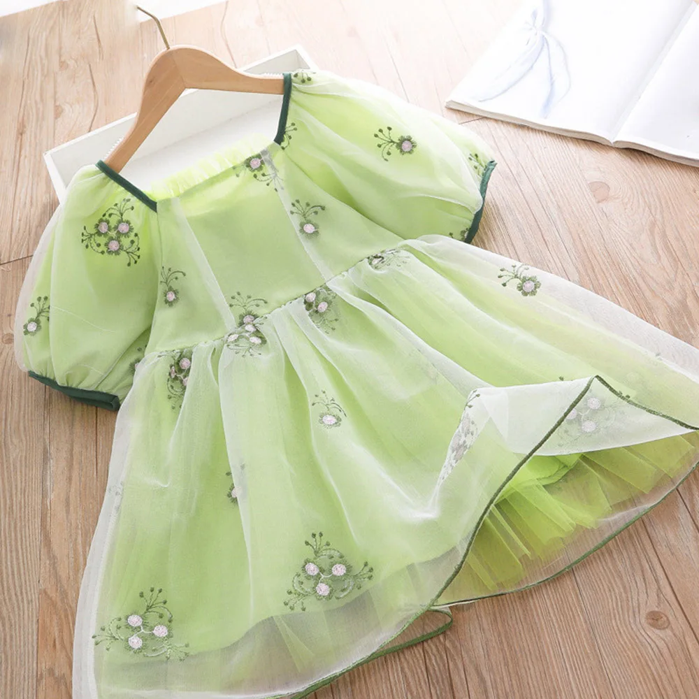 

Girls Summer Dress Flower Embrodiery Puff Sleeve Mesh Princess Birthday Toddler Clothes