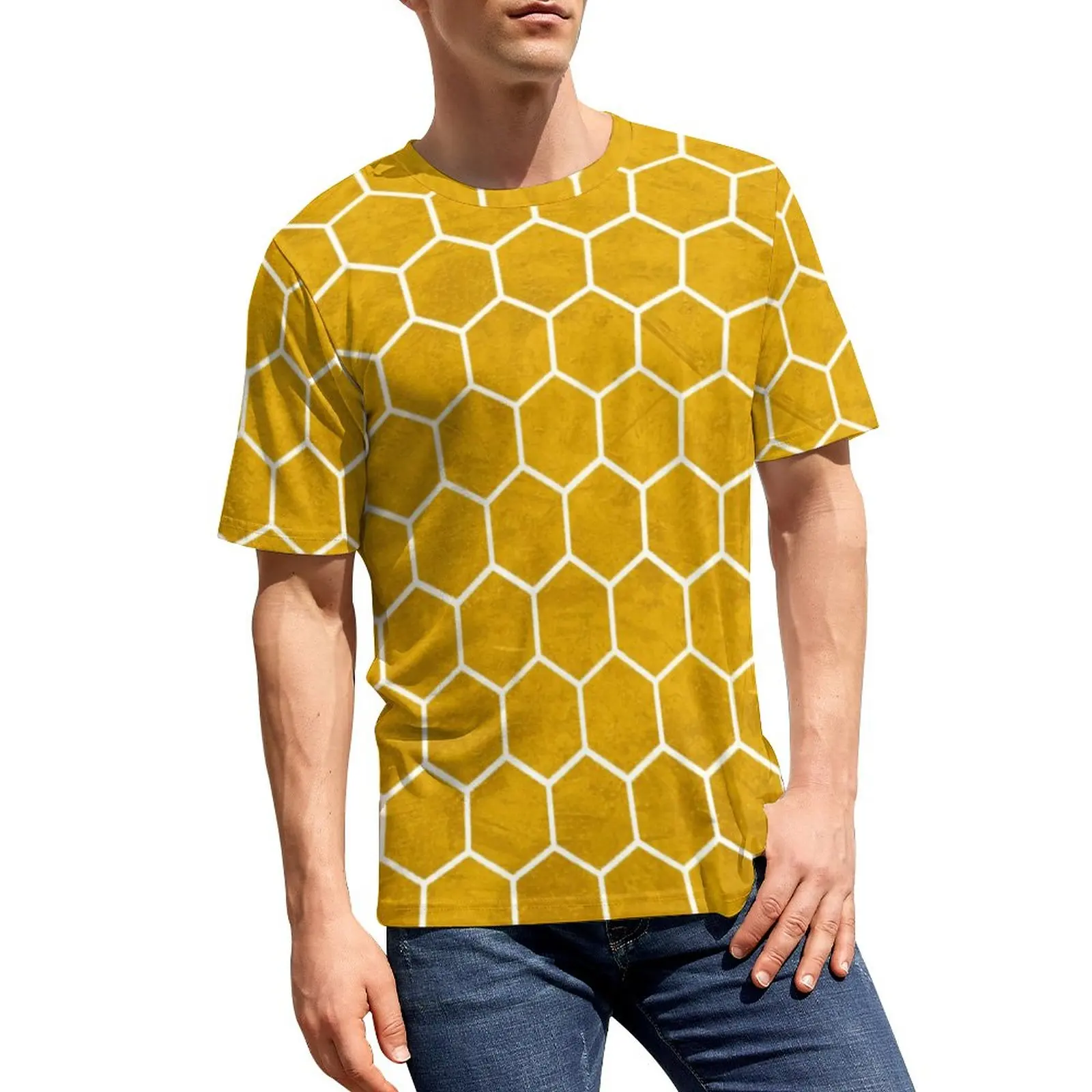 

Geometry Print T Shirt Yellow Hexagon Trendy T-Shirts Male Basic Tee Shirt Summer Short-Sleeved Design Tops Large Size