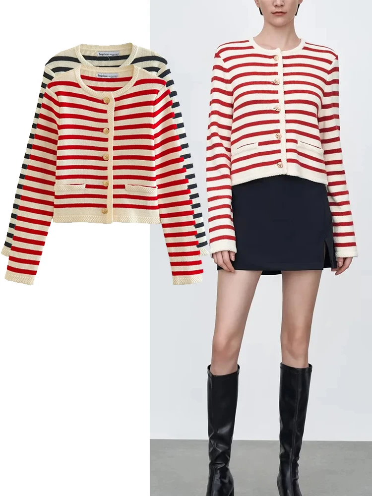 

TRAF Striped Cropped Cardigan Woman Sweater Vintege Chic Single Breasted O-Neck Autumn Casual Slim Tops