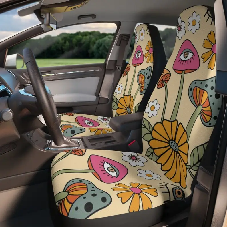 

Mushroom Car Seat Cover Full Set, Magenta Boho Seat Cover for Car for Women, Beige Car Seat Cover for Vehicle, Aesthetic Car Dec