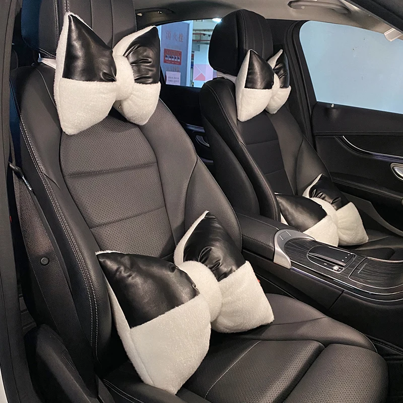 

Новинка, черно-белая модная простая кожаная плюшевая подушка с бантом на талию автомобиля, украшения интерьера автомобиля