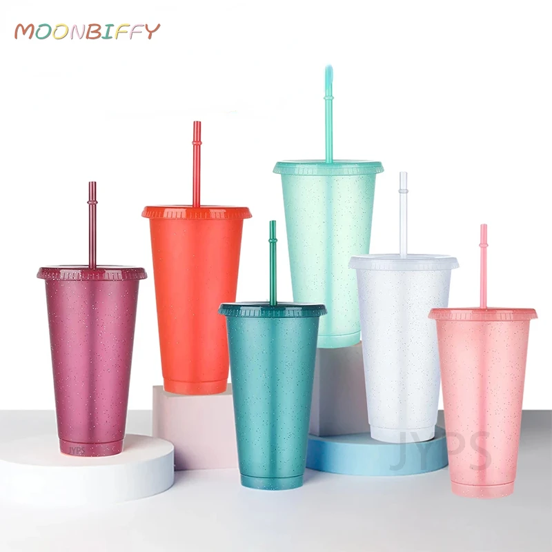 

480/700ML Flash Powder Water Bottle With Straws Lid Plastic Reusable Personalized Drinkware Coffee Drinking Cup Christmas Gifts