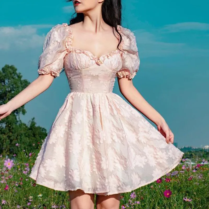 

Summer Sweet Party Mini Dress Women Lace Floral Square Neck Backless A-line Sundress Casual Ladies Short Sleeve Corset Clothing