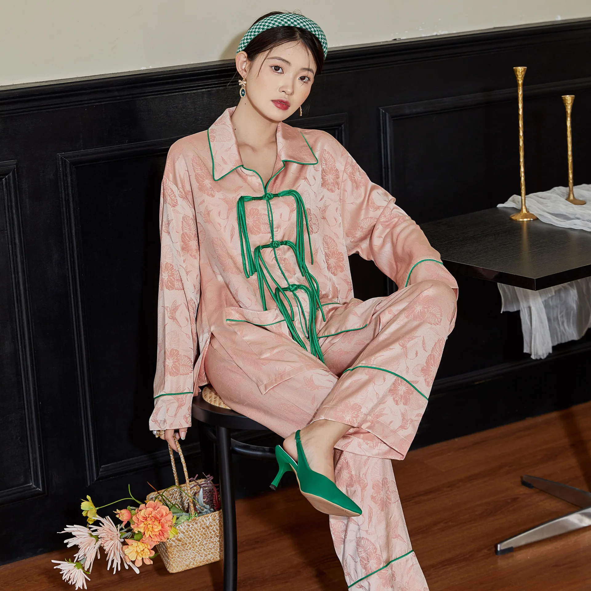 Women's Silk Satin Pajamas Set Chinese Jacquard Tassel Buckle Sleepwear for Women Loungewear 2 Pcs Long Sleeve Pants Home Suit