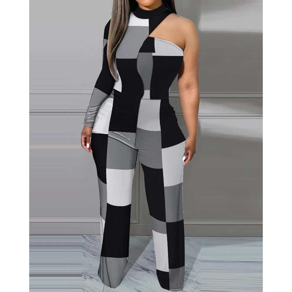 Women Elegant Colorblock One Shoulder Jumpsuit Wide Leg Long Sleeve Party Overalls Fall Female One-pieces Outfits y2k Spring