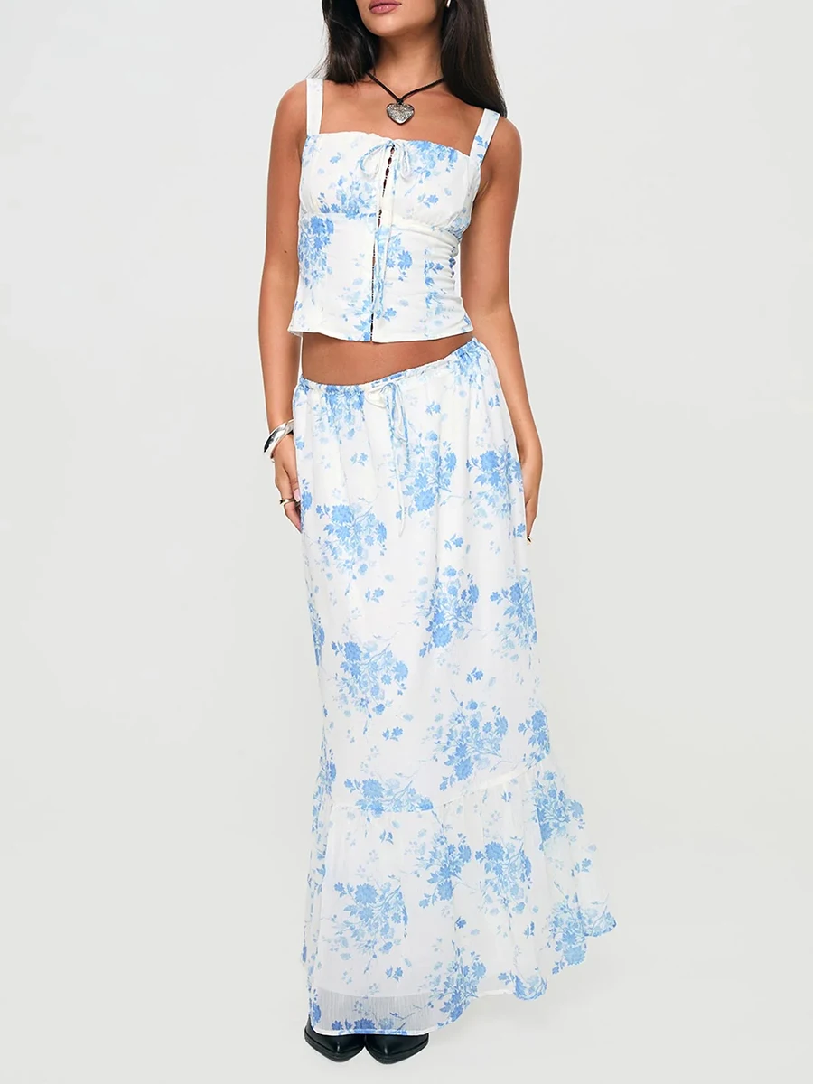 Женский комплект из двух предметов с юбкой укороченная майка квадратным вырезом