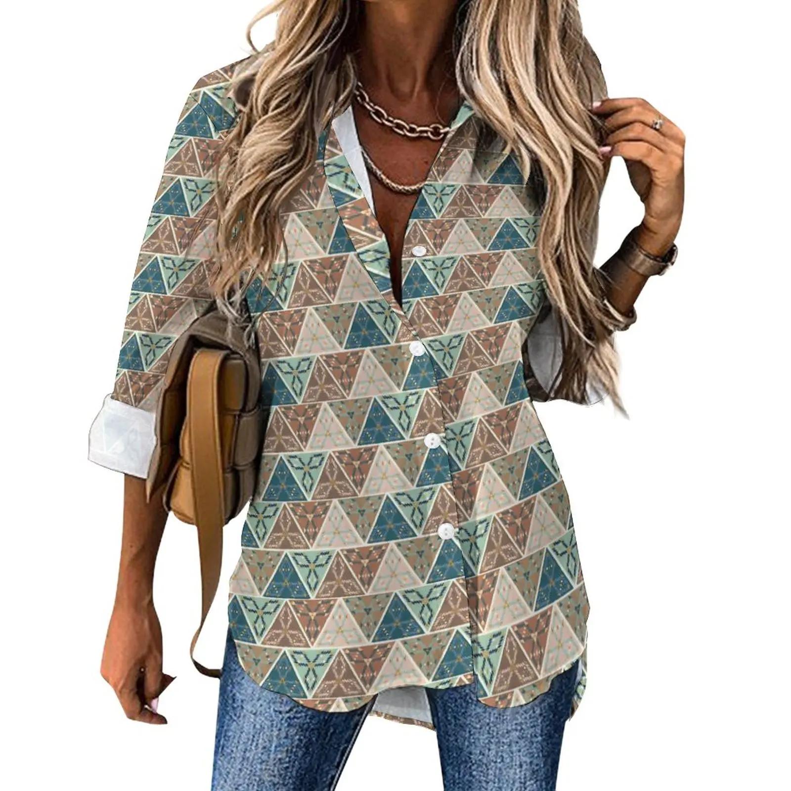 

Свободная блузка с геометрическим принтом, повседневная женская винтажная рубашка с длинным рукавом и геометрическим принтом, весенняя одежда с графическим принтом