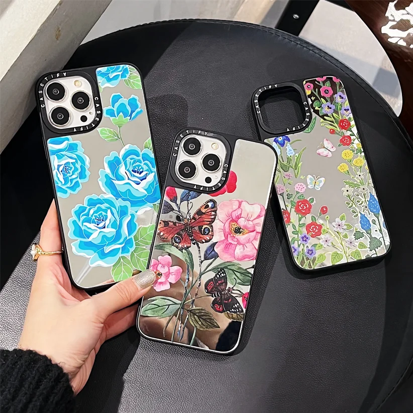 

Retro Fashion Flower Butterfly Mirror Phone Cases For iPhone 13 12 11 Pro Max XR XS MAX 8 X 7 For Woman Anti-drop Soft Cover