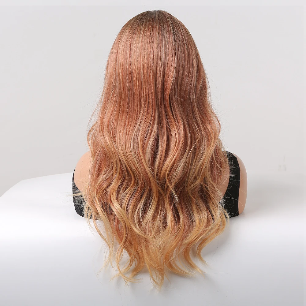 Ombre Brown Ginger Synthetic Wigs Long Wavy Blonde Wig with Bangs for Women Cosplay Daily Party Fake Hair Heat Resistant Fibre