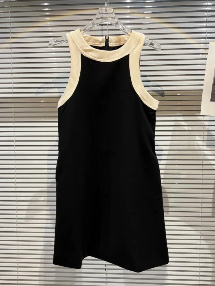 

Contrast Color Neckline Mini Dress for Women's Summer 2022 High Waist Round Neck Sleevless Runway Party Dresses New Style YQ116