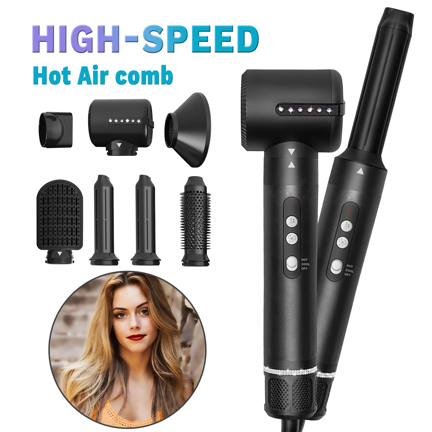 

High Speed Hair Dryer Brushless Blow Dryer Comb 7 In 1 Hair Blower Brush Negative Ionic Hair Curler Air Styling Curling Iron