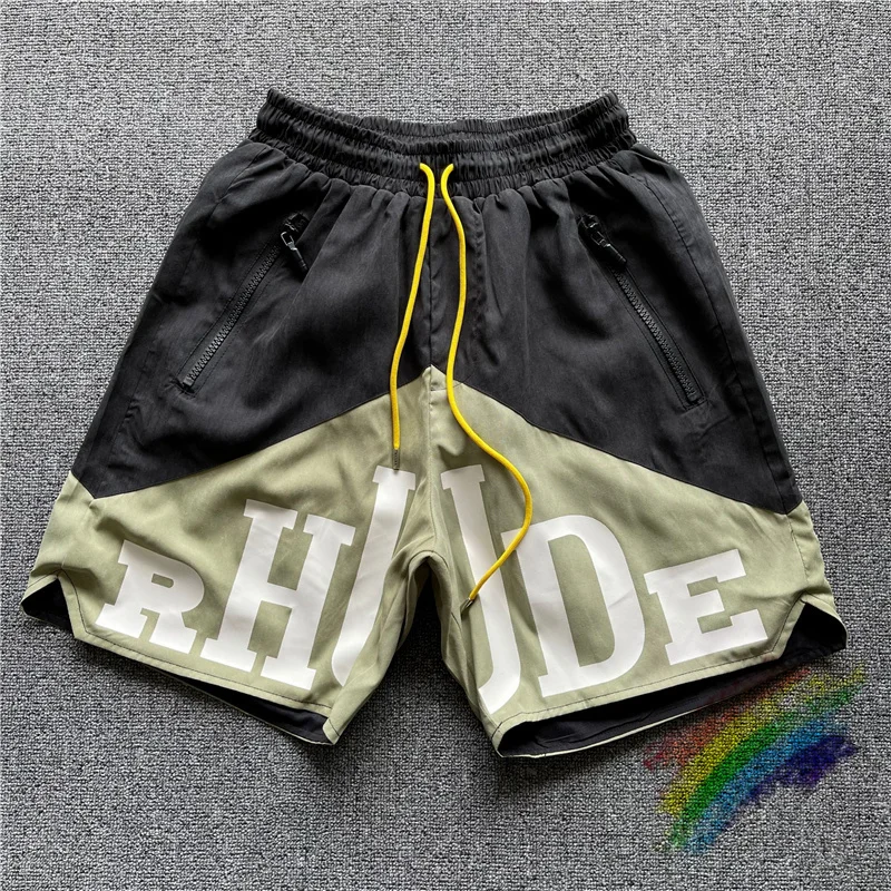 

RHUDE Shorts Men Women 1:1 High Quality White Rhude Shorts Washed Black Green Splicing Mesh Breeches Oversized