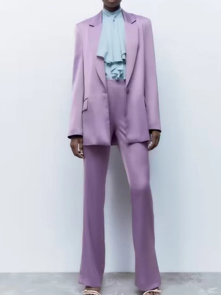 

Осенние женские атласные штаны Kumsvag 2022, комплекты из 2 предметов, повседневный однотонный свободный Блейзер, пальто и брюки, женский элегант...