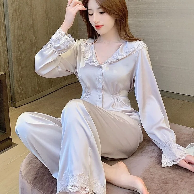 QWEEK Womens Pajamas Two Piece Sets Satin Silk Sleepwear Summer Autumn Solid Color Lapel Long Sleeved Trousers Pijamas Pyjamas
