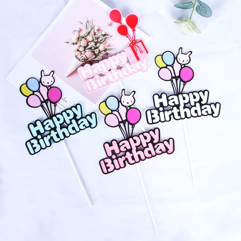 

5pcs rabbit HAPPY BIRTHDAY Cake Topper White Pink Blue Sweet Children Personalized Balloon Cupcake Decoration Accessories Tools
