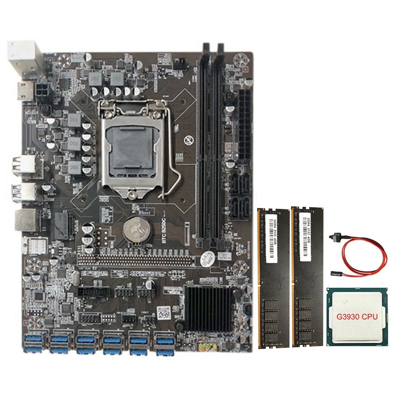 

Материнская плата для майнинга B250C с процессором G3930 + 2XDDR4 4G 2133 МГц ОЗУ + кабель переключения 12xpcie на USB3.0, слот для карты для BTC