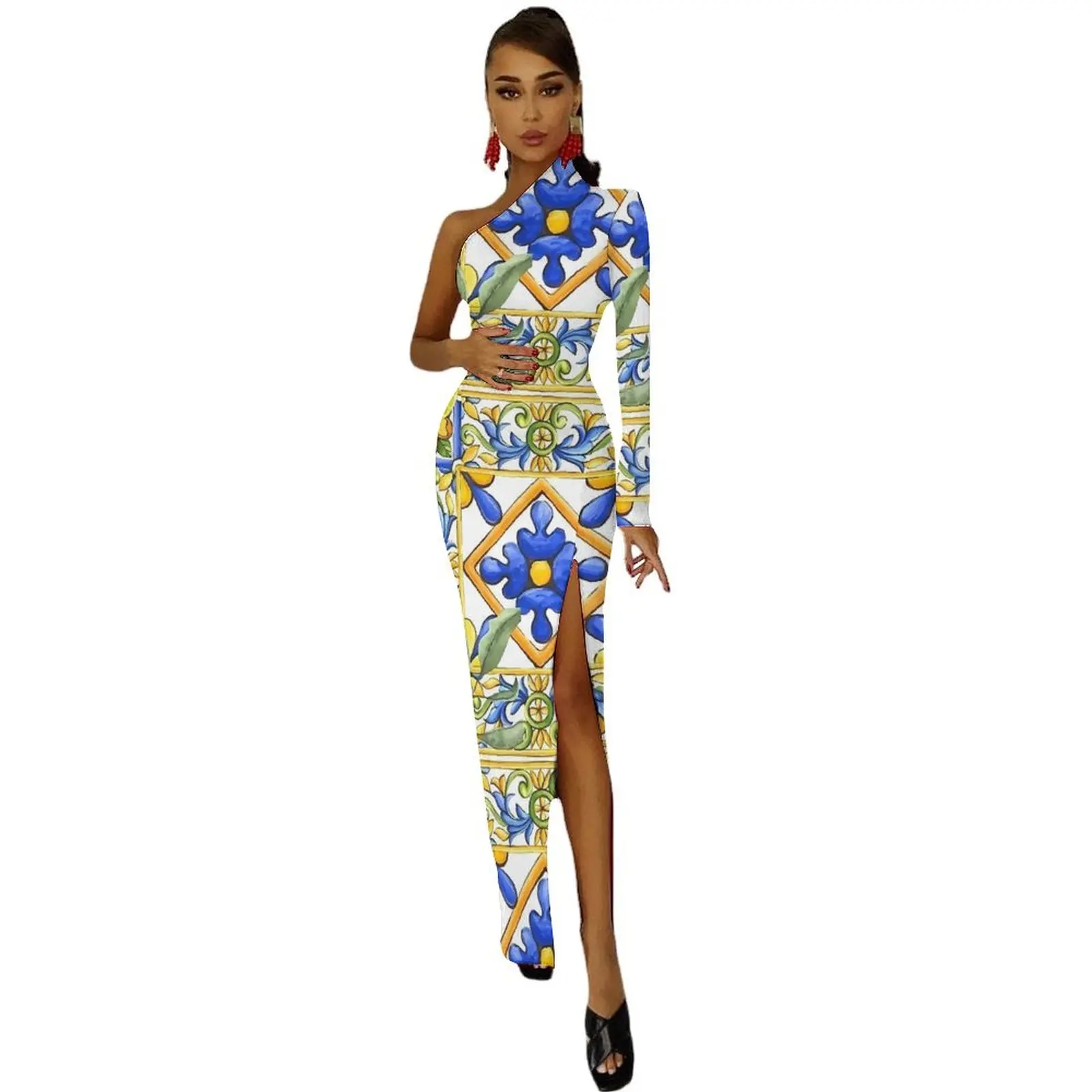 Majolica Лимонное платье макси с длинным рукавом и цветами цитрусовых плитка