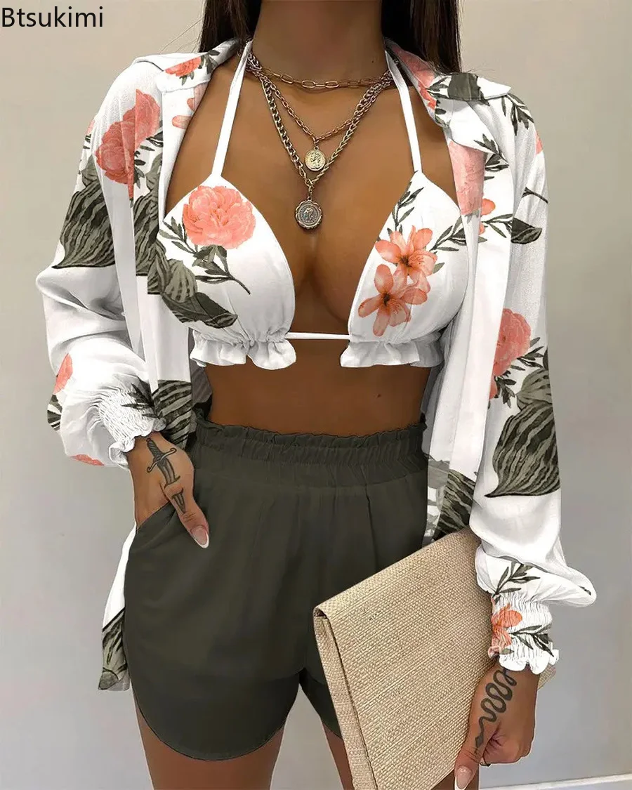 

Summer 3 Piece Set Outfits Women Fashion Sexy Beach Printed Suspender Shirt Shorts Suit Three Piece Set Women Holiday Bikinis