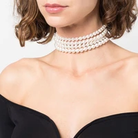 vintage gorgeous multi layer white imitation pearl choker necklaces women short clavicle chain girl party wedding bride jewelry