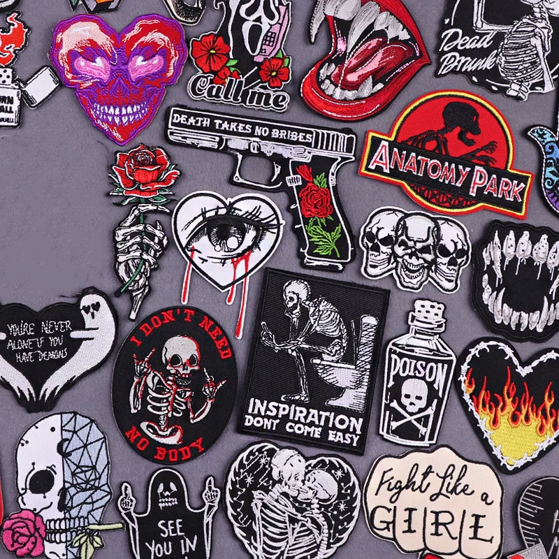 

Punk Skull Gun Patch On Clothes Iron on Patches DIY Skeleton Badges Hook Loop Embroidered Patches For Clothing Stripes Stickers