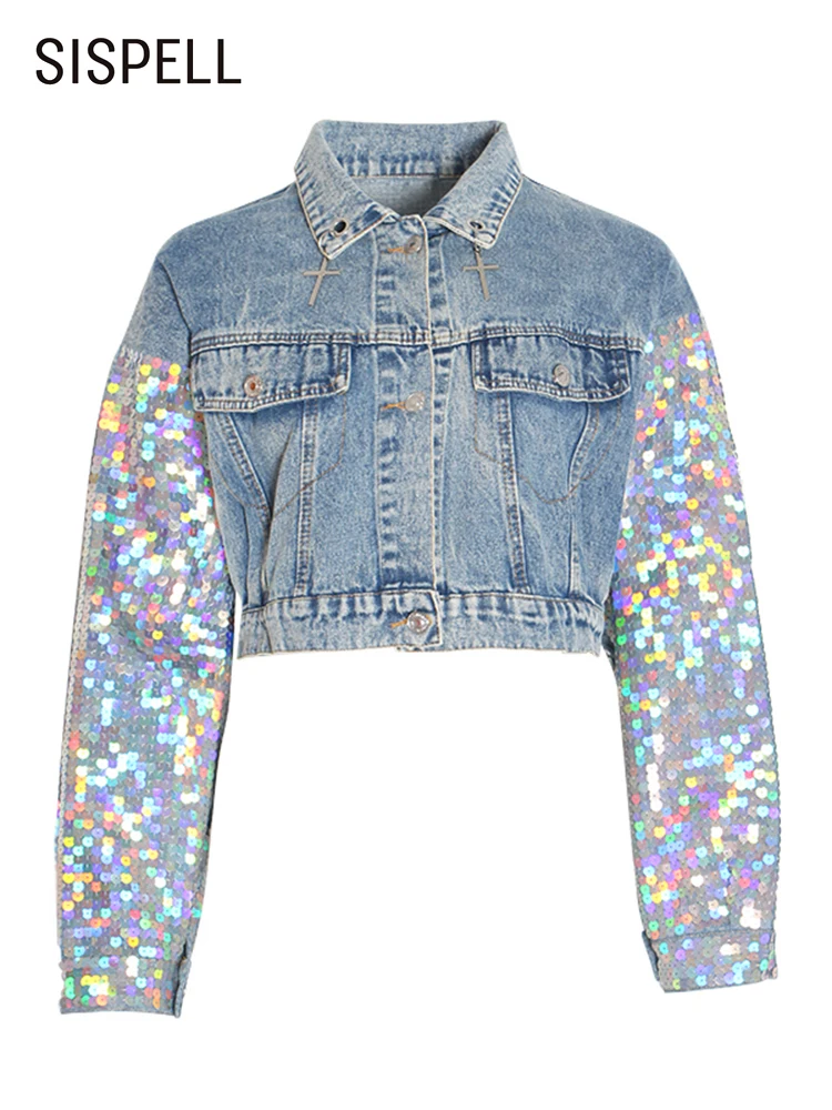 

SISPELL Patchwork Sequins Jackets For Female Lapel Long Sleeve Pocket One Size Short Coats Women 2022 Spring Clothes Fashion New