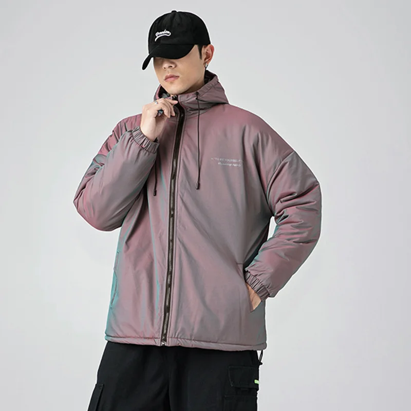 Men's Wear 2022 New Style Blue Reflective Hooded Cotton-padded Clothes Recreational Loose Comfortable Outerwear Winter Female