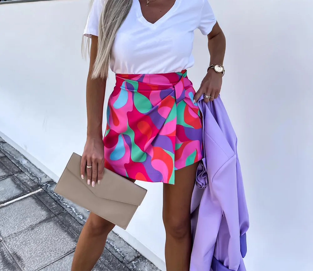 Printed Shorts Pants New 2023 Summer Elegant High Waist Pleated Skirts Short Women Casual Straight Trousers Loose Slim