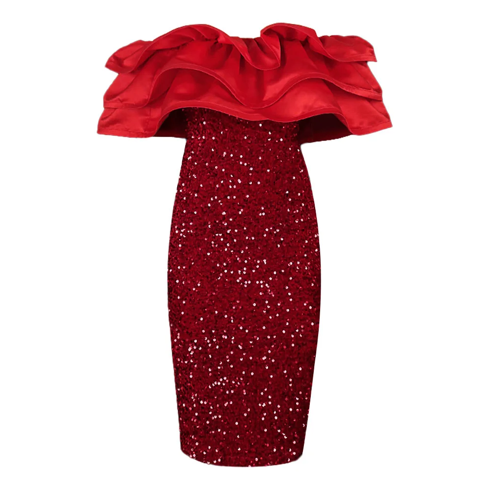 Women's Sequin Party Dresses 4XL Plus Size Clothing 2022 Elegant Tight Strapless Wrap Style Ruffled Hem Dress Fashion Red Dress