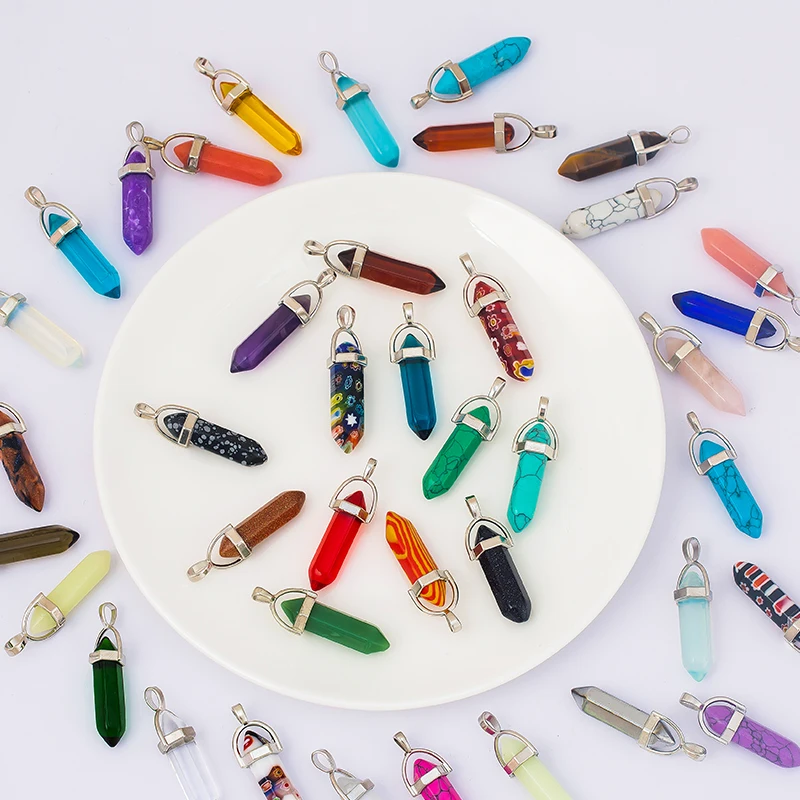 

Natural Stone Hexagonal Column Lapis Lazuli Opal Pink Purple Crystal Beads Pendants Necklace Handmade For DIY Jewelry Components
