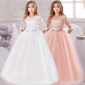 Evening Formal White Pink Elegant Bridesmaid Wedding Baby Girls Princess Dresses Lace Long Sleeves K